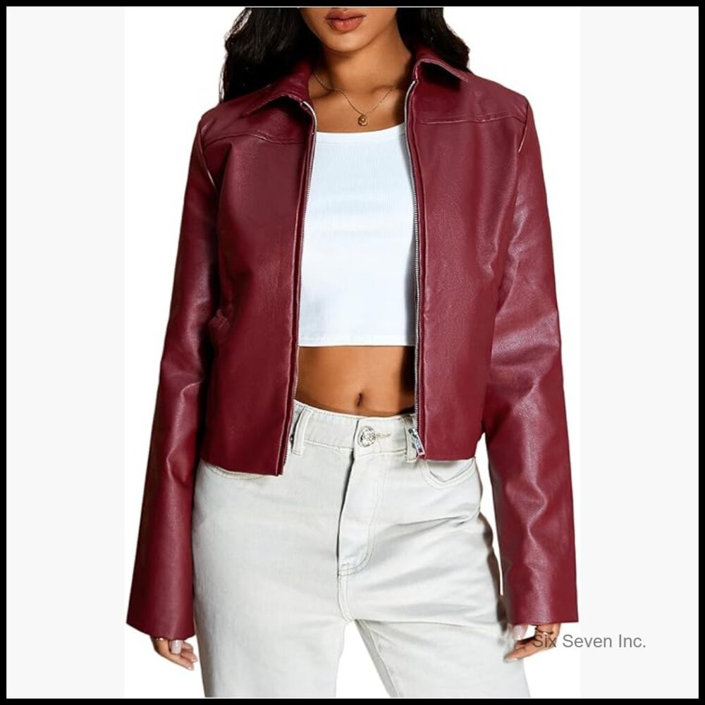 Crop Faux Leather Jacket Vintage Long Sleeve Zip Up Biker Motorcycle